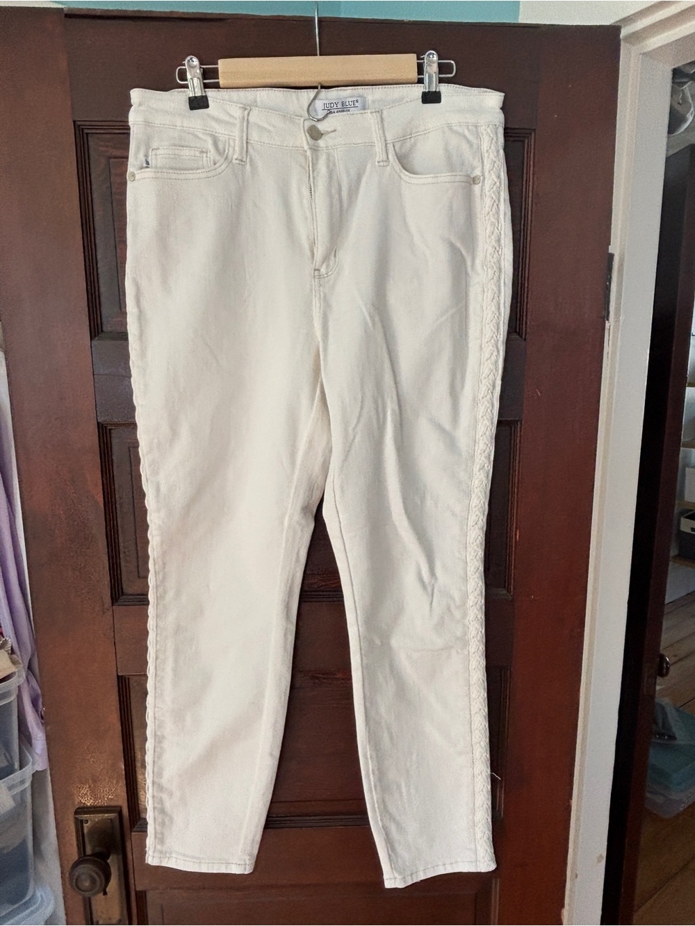 Judy Blue Cream Skinny Jeans with Side Braid Detail